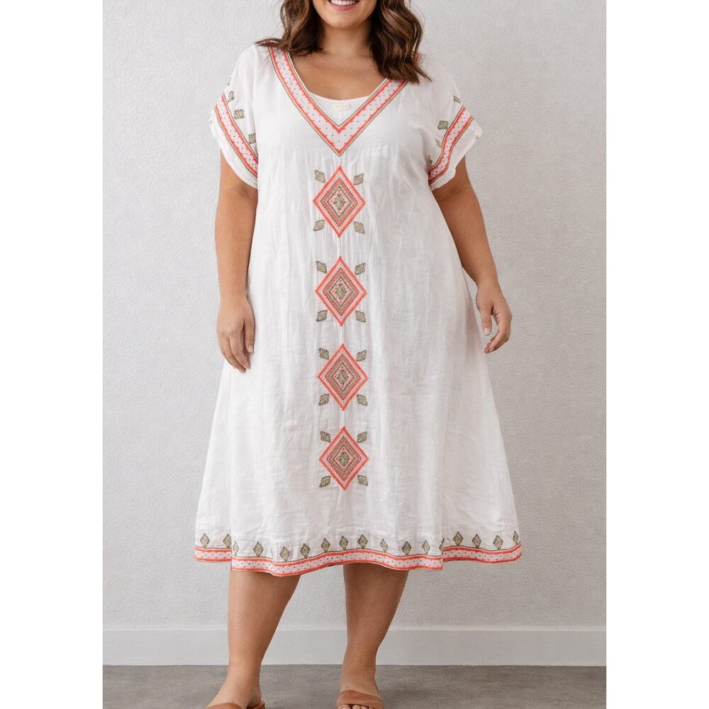 Lula Soul Short Sleeve Embroidered Beaded V Neck Midi Dress White Orange 1X